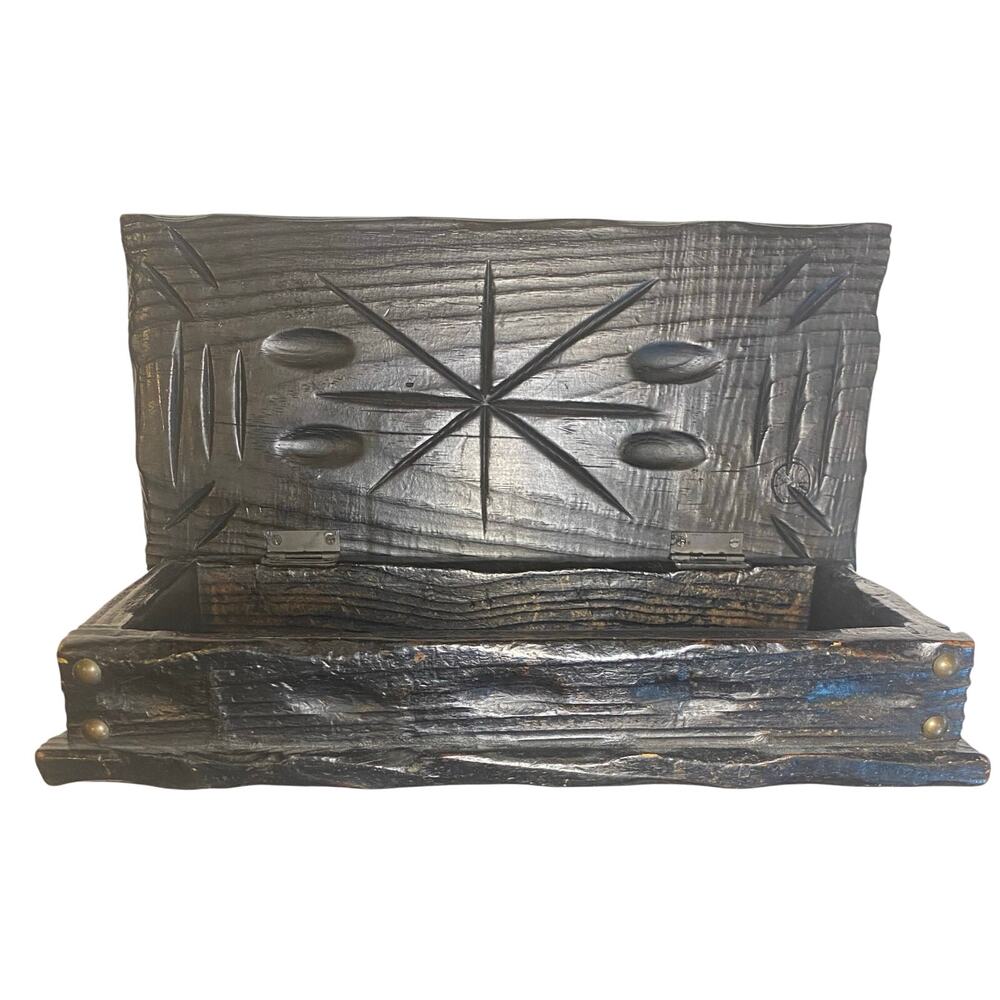 Vintage Lobeco Spanish MCM Spain Carved Wooden Trinket Box Hinge Lid Wood Stash